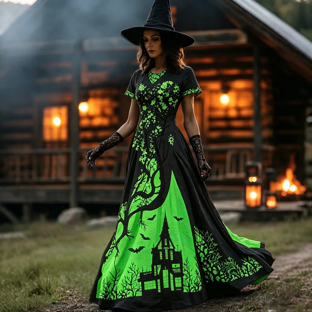 Women's Halloween Gradient Treehouse Design Witch V-neck Short Sleeves Maxi Dress