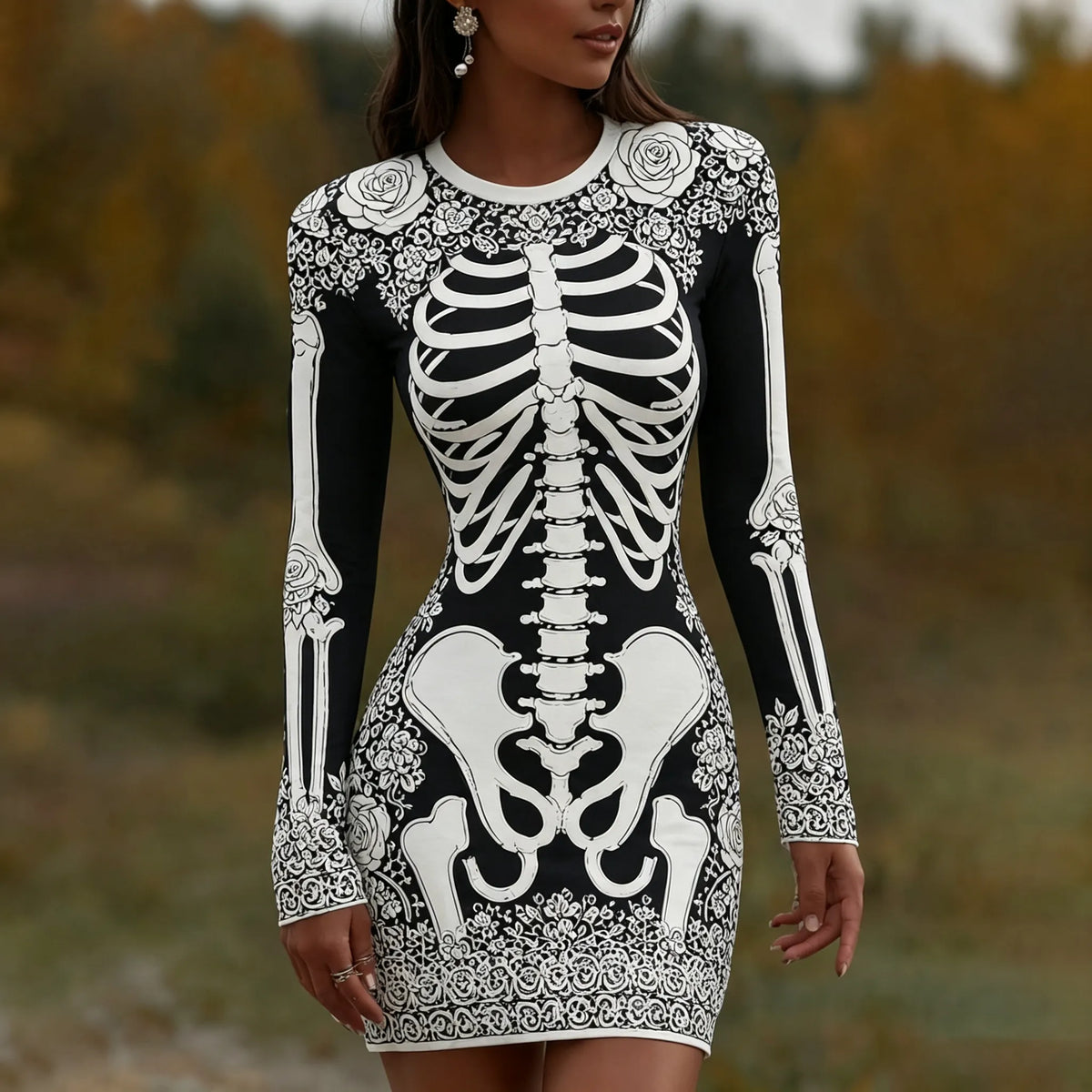 Women's Vintage Halloween Skeleton Bones With Rose Art  Mini Dress