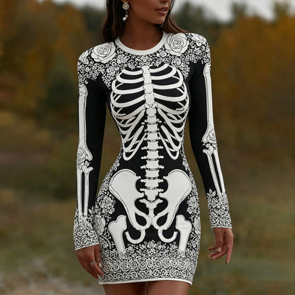 Women's Vintage Halloween Skeleton Bones With Rose Art  Mini Dress