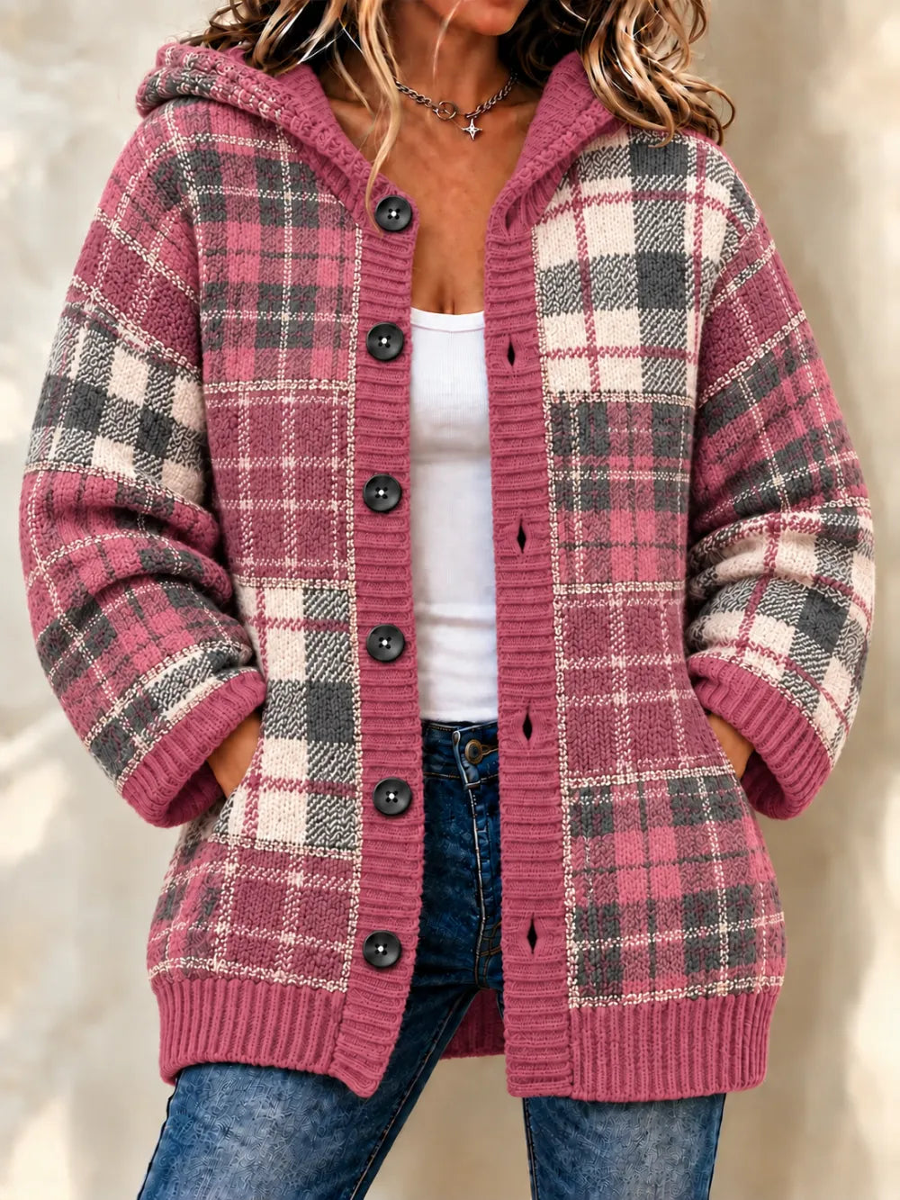 Women'S Grid Casual Hooded Long Cardigan