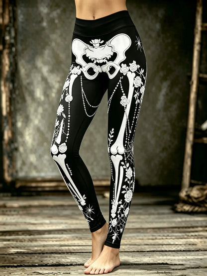 Women's Halloween Gothic Skull With Spiderweb Floral Art Leggings
