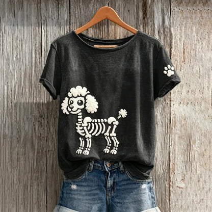 Women's Halloween Skull Poodle Pattern Art Print Casual T-shirt