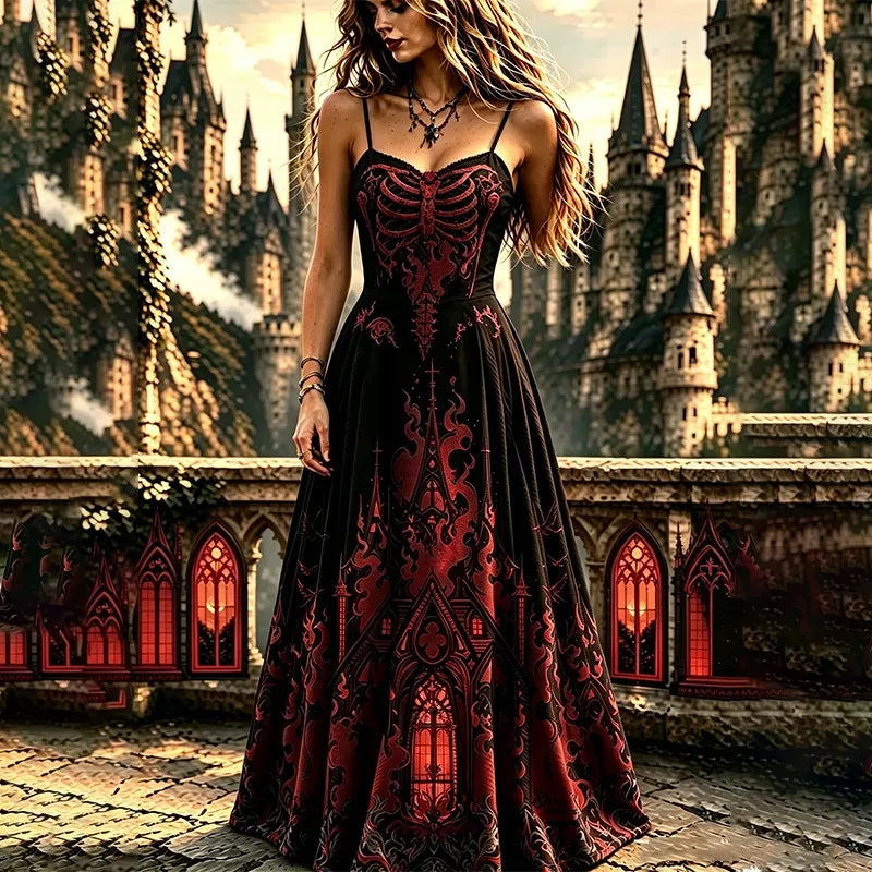 Girls' Gothic Style Dress With Skeleton For Halloween