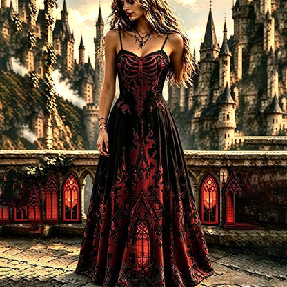 Girls' Gothic Style Dress With Skeleton For Halloween