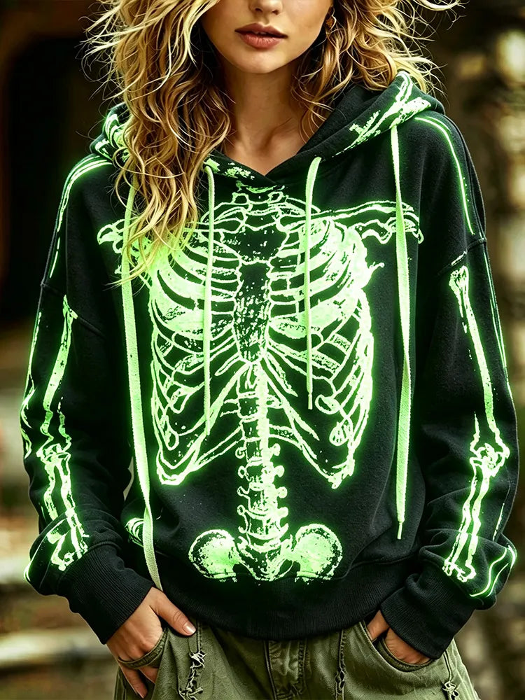 Women's Halloween Vintage Fluorescent Human Skeleton Art Long Sleeve Cardigan Hoodie