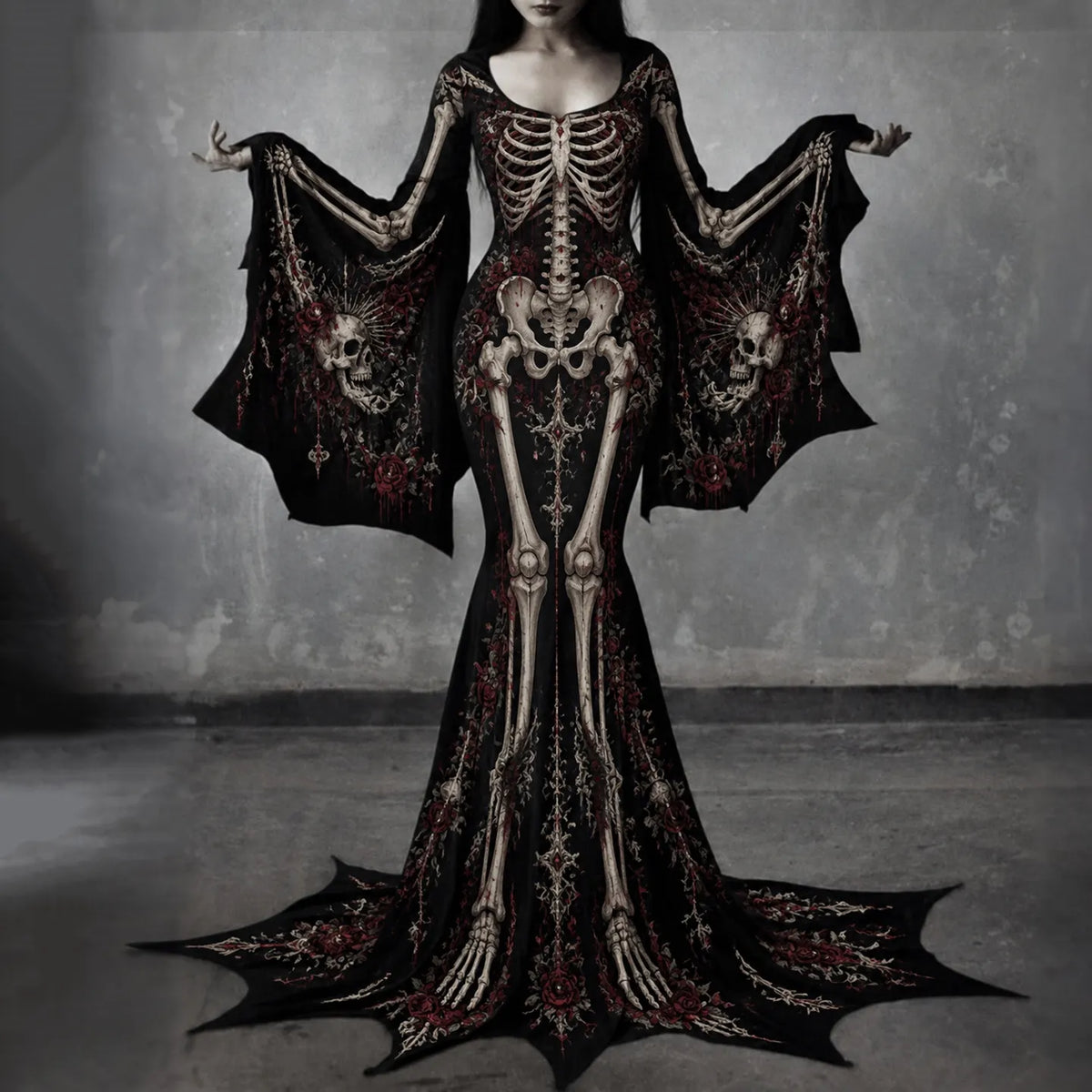 Women's Gothic Skeleton With Skull Face Batwing Flare Sleeve Round Neck Bodycon Maxi Dress – Halloween Costume