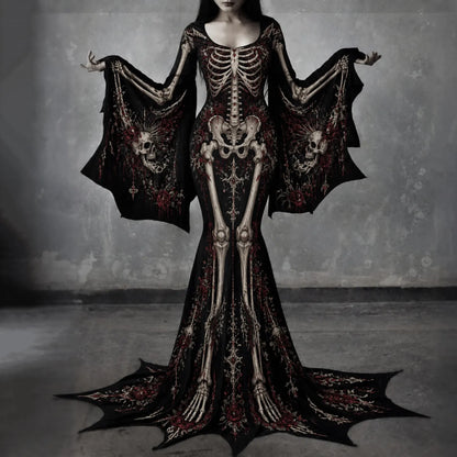 Women's Gothic Skeleton With Skull Face Batwing Flare Sleeve Round Neck Bodycon Maxi Dress – Halloween Costume