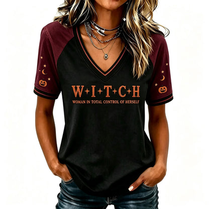 Women's Halloween 'woman In Total Control Of Herself' Printed V-neck Short-sleeved T-shirt