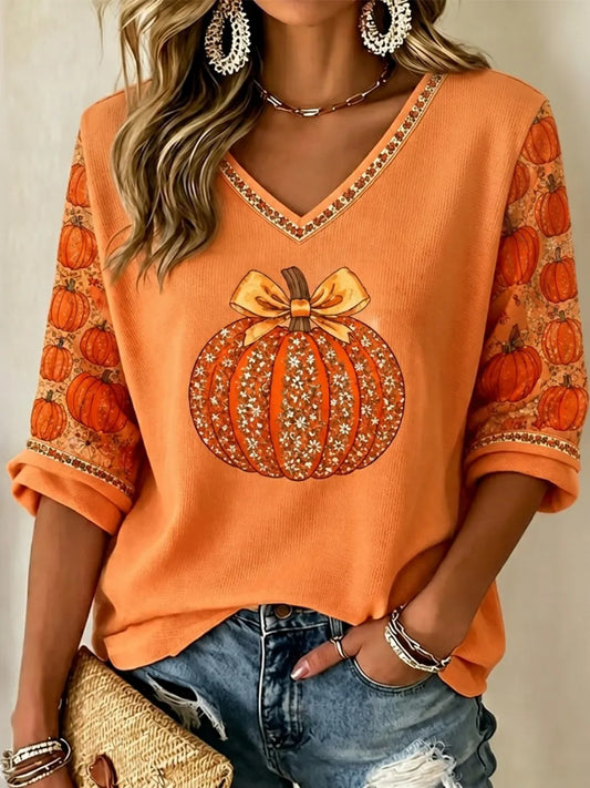 Women's Autumn Pumpkin Rhinestone Pattern Casual Mid-sleeve T-shirt