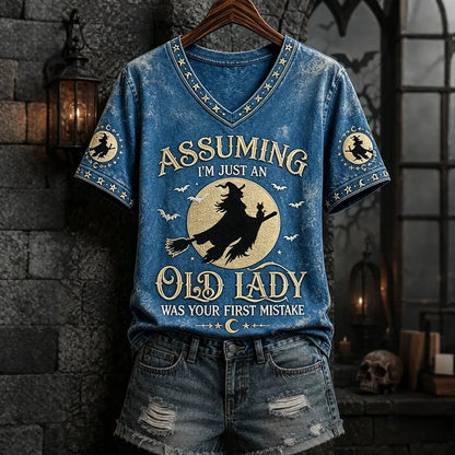 Assuming I'm Just An Old Lady Women's Halloween Print Pattern Casual V-neck T-shirt