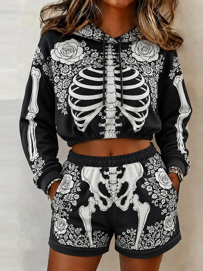 Women's Halloween Funny Skeleton With Roses Cropped Hoodie Shorts 2‑piece Set Party Outfit