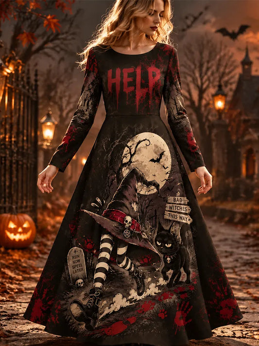Women's Halloween 'help' Witch & Black Cat Long Sleeve Maxi Dress