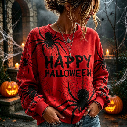 Women's Retro Red Halloween Spiderweb Pattern Crew Neck Sweatshirt