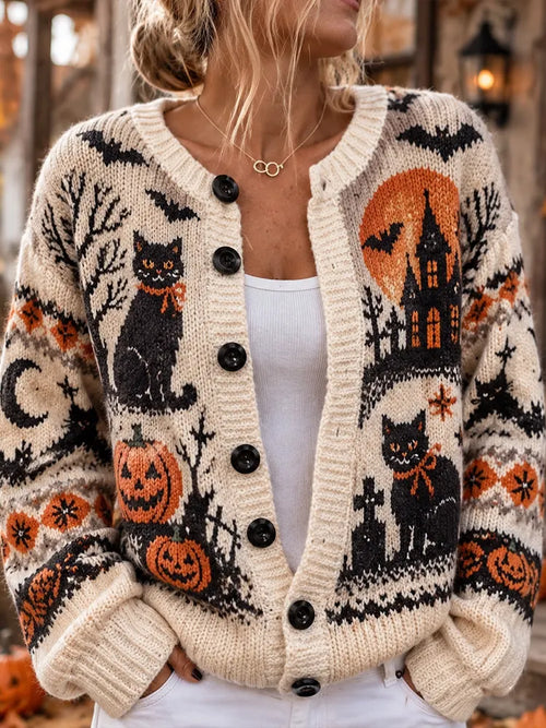 Women's Halloween Vintage Castle Black Cat Cardigan