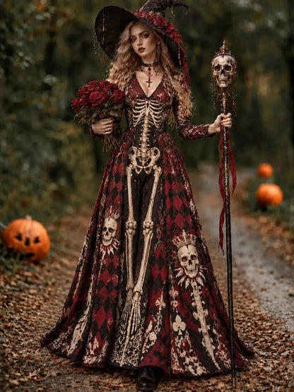 Women's Vintage Halloween Skeleton With Red Plaid Art Comfy Linen Maxi Dress