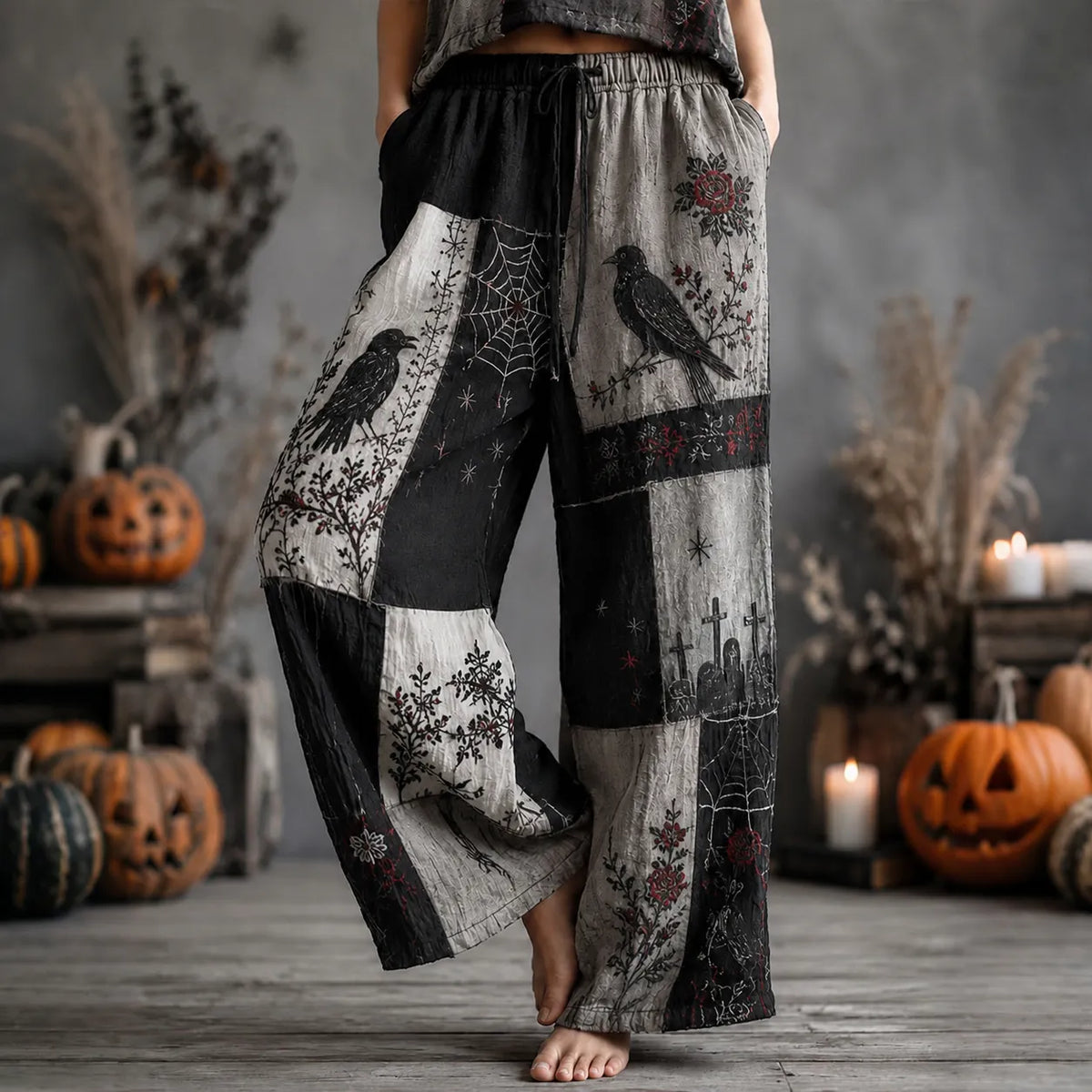 Women's Halloween Rose, Crow, And Spiderweb Color-blocked Cotton Linen Pants