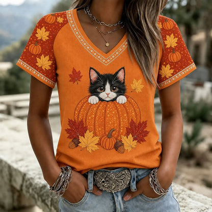 Women's Autumn Pumpkin Cat Art Print V-neck Short Sleeve Casual T-shirt