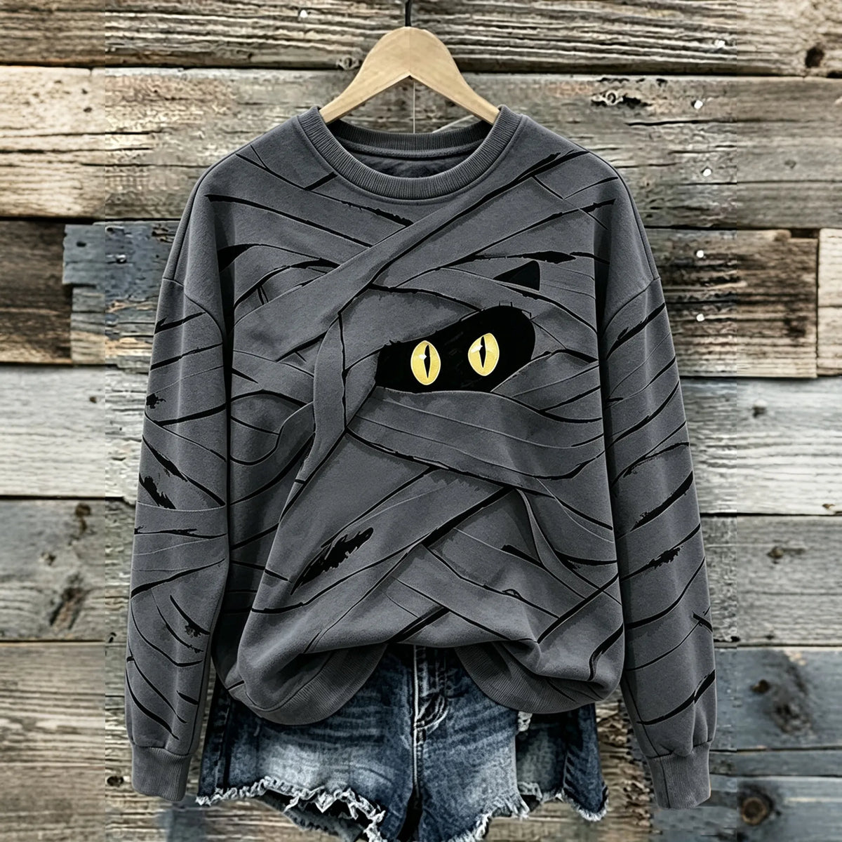 Women's Halloween Cute Mummy Black Cat Cartoon Style Print Casual Sweatshirt