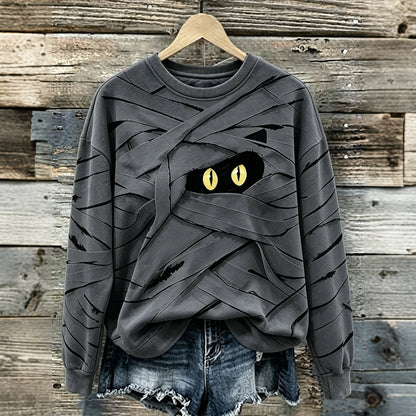 Women's Halloween Cute Mummy Black Cat Cartoon Style Print Casual Sweatshirt