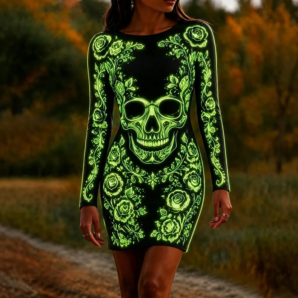 Women's Halloween Dark Gothic Neon Skull Art Crew Neck Long Sleeve Dress