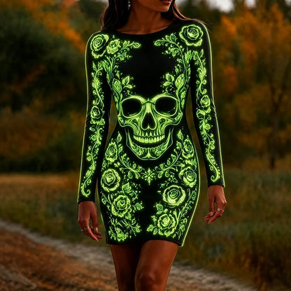 Women's Halloween Dark Gothic Neon Skull Art Crew Neck Long Sleeve Dress