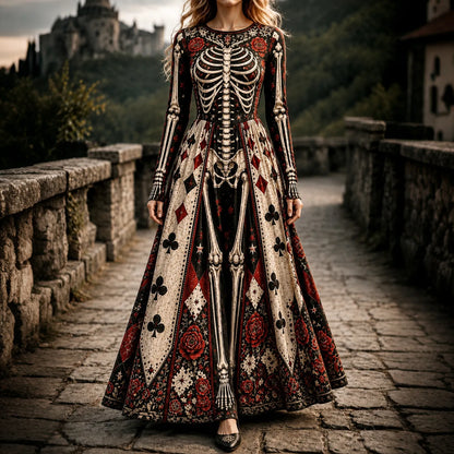 Women's Halloween Gothic Skeleton & Floral Poker Print Pattern Maxi Dress