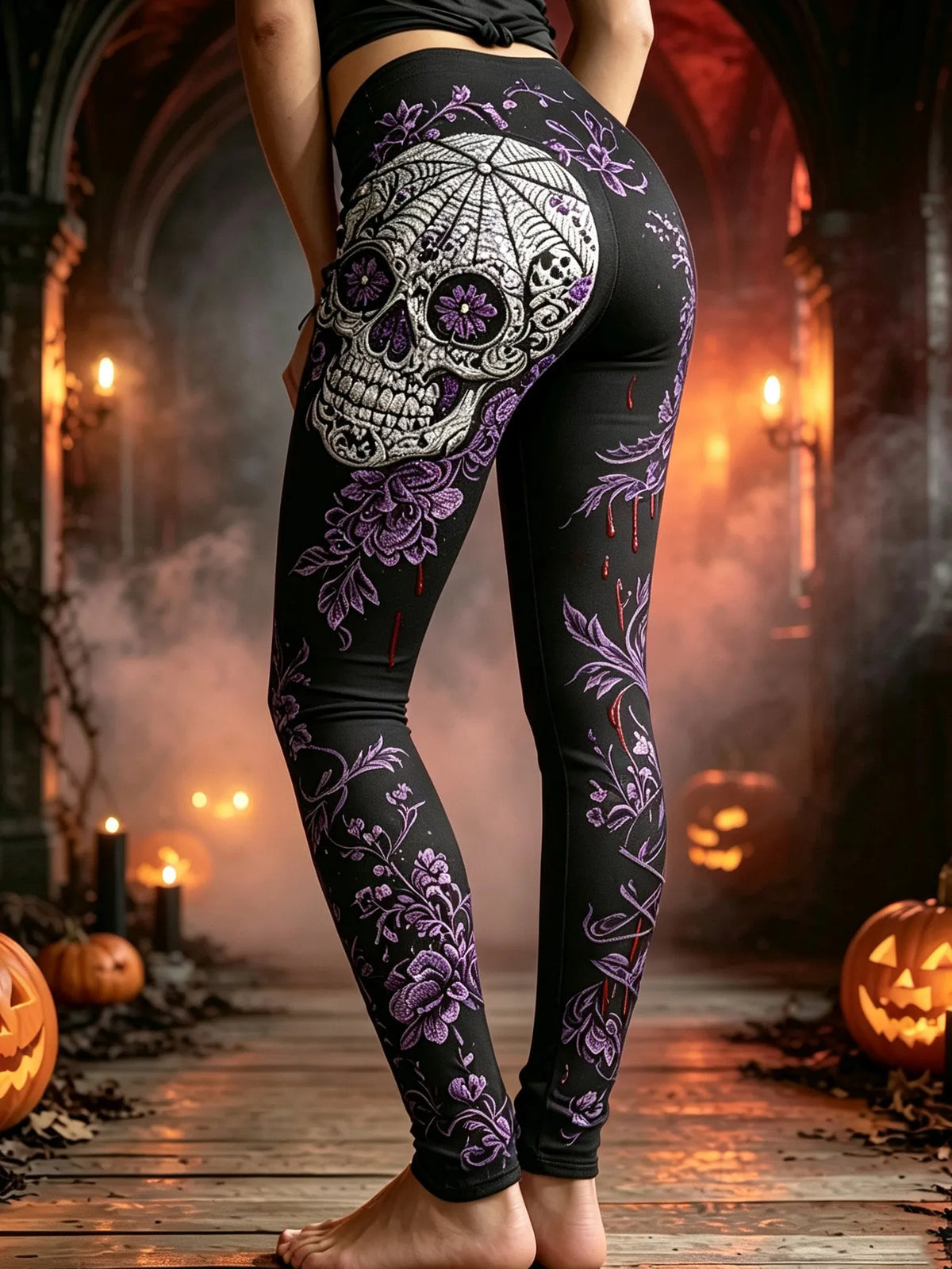 Women's Halloween Skull Bloodstain Floral Print Comfortable Leggings