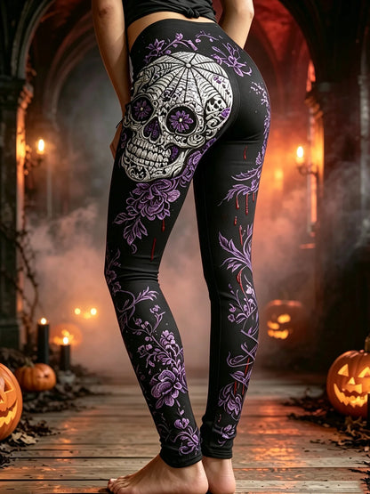 Women's Halloween Skull Bloodstain Floral Print Comfortable Leggings