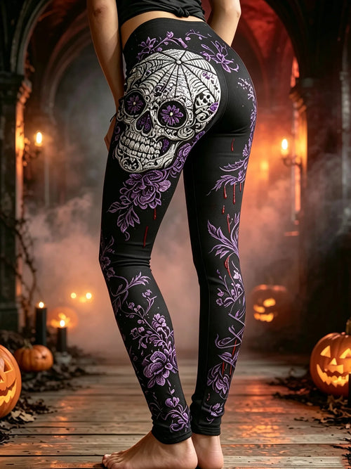 Women's Halloween Skull Bloodstain Floral Print Comfortable Leggings