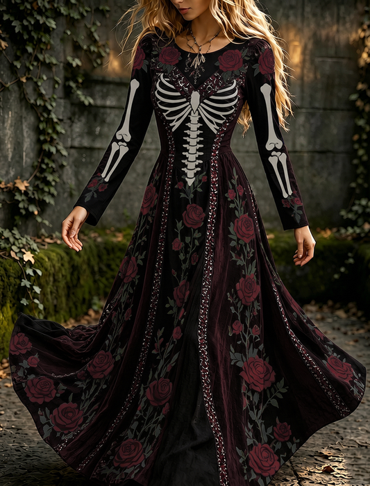 Women's Retro Halloween Gothic With Floral Pattern Print Round-neck Maxi Dress