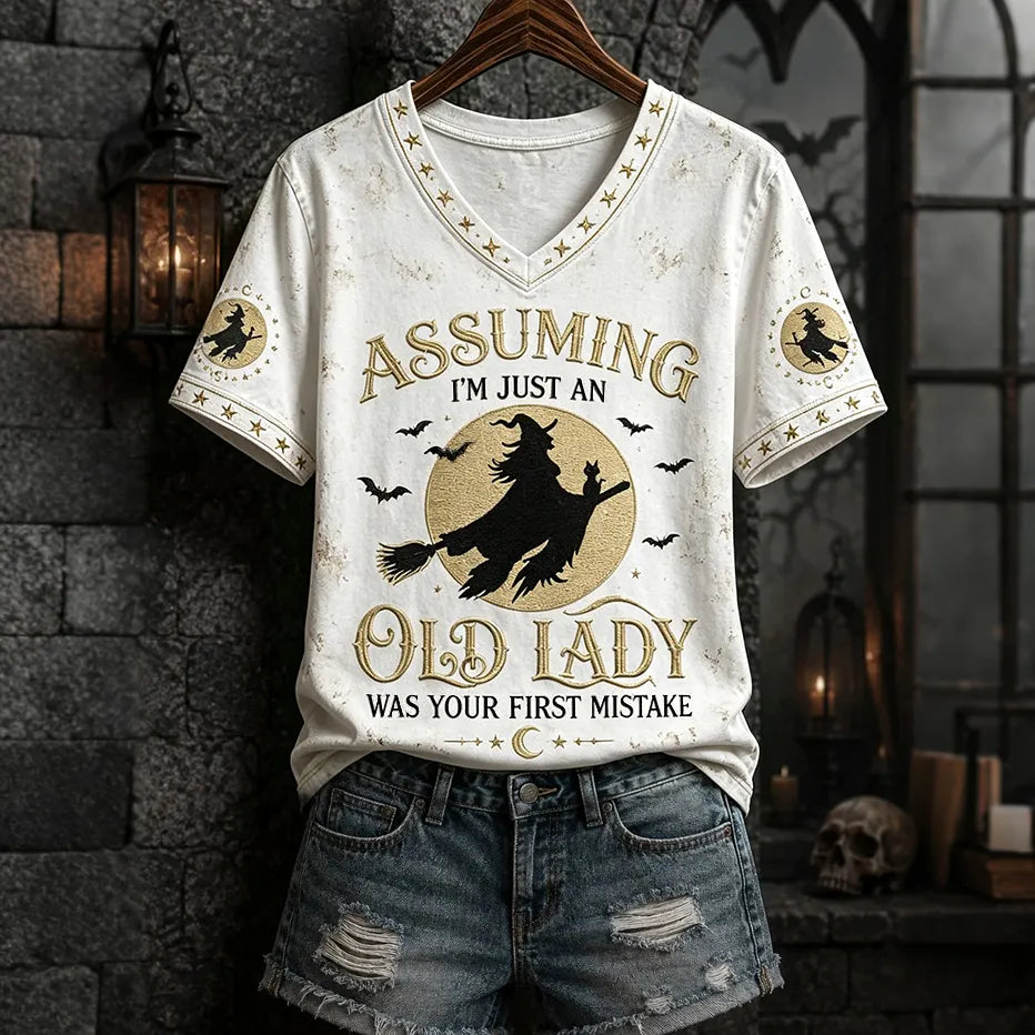 Assuming I'm Just An Old Lady Women's Halloween Print Pattern Casual V-neck T-shirt