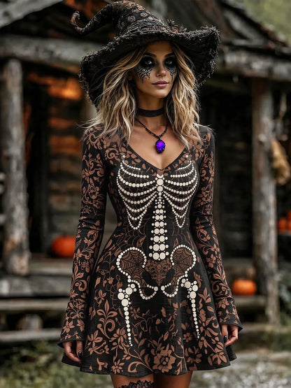 Women's Halloween Jacquard Pattern Human Skull Art V-neck Midi Dress