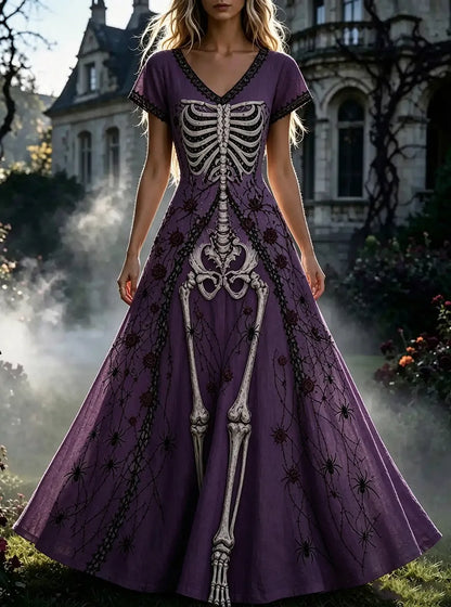 Women's  Retro Gothic Skull Floral Pattern Short Sleeves Maxi Halloween Dress