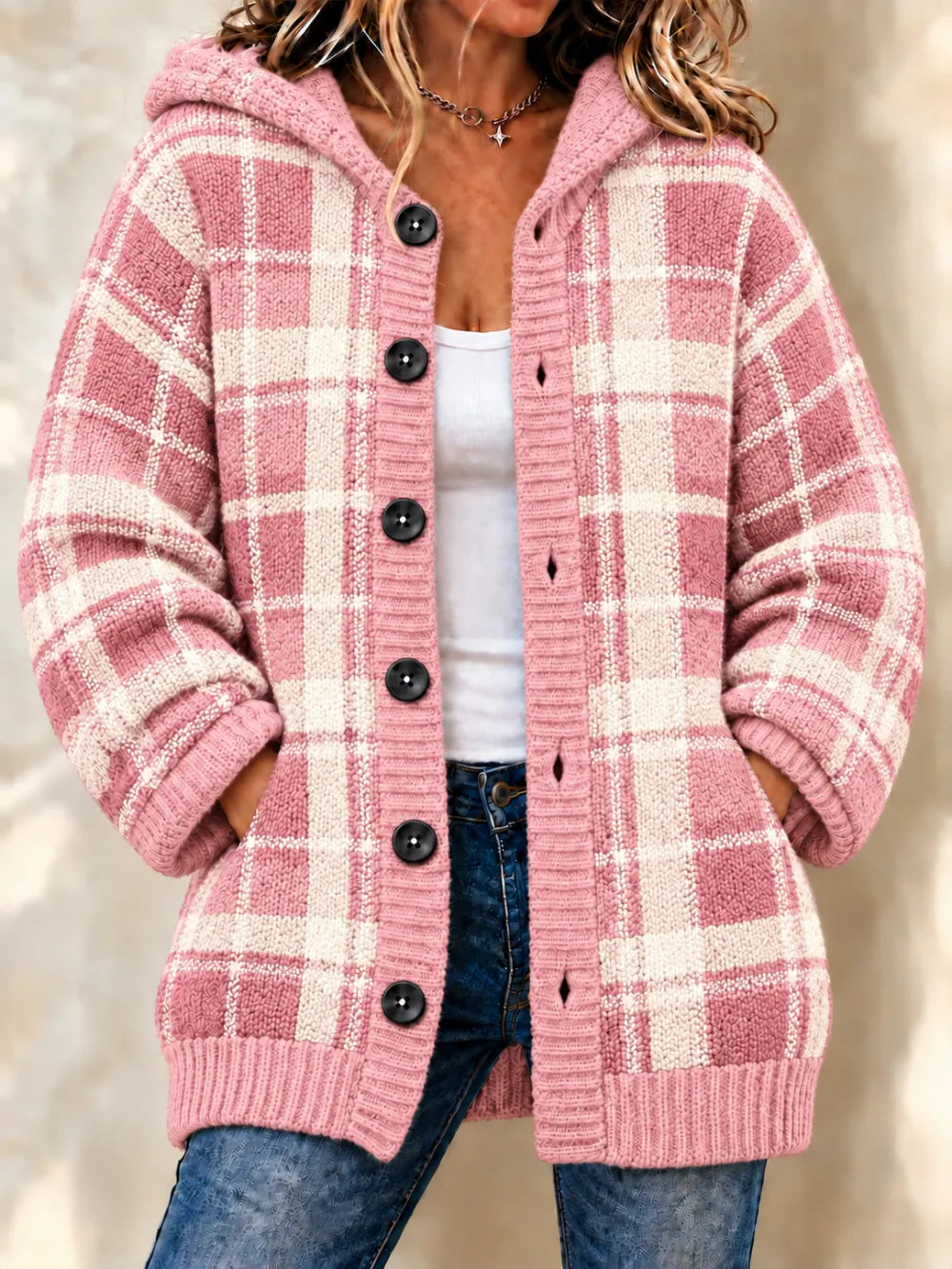 Women'S Grid Casual Hooded Long Cardigan