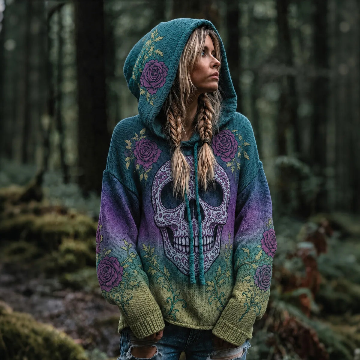 Women's Vintage Viking Skull And Rose Gradient Art Knit Hooded Sweater