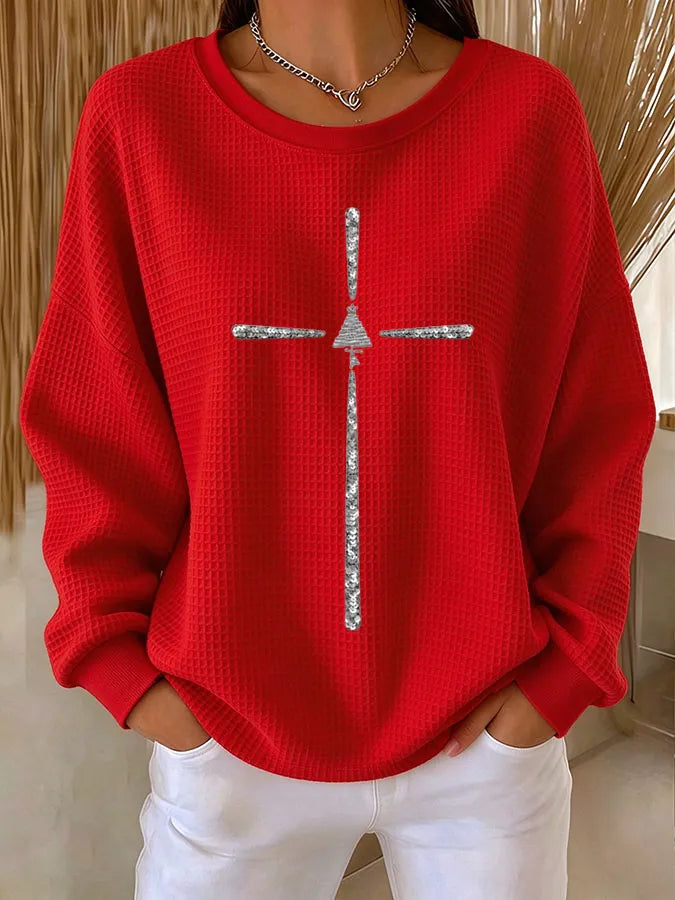 Women's Christmas Cross Printed Waffle Sweatshirt