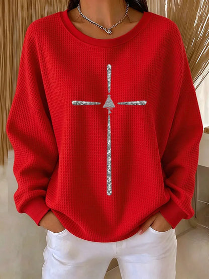 Women's Christmas Cross Printed Waffle Sweatshirt