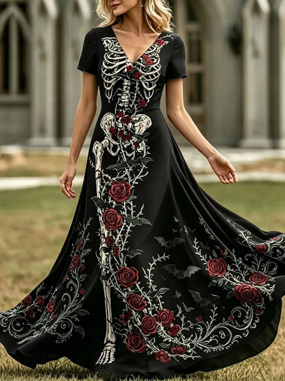 Women's Retro Halloween Human Skeleton Floral Print V-neck Dress