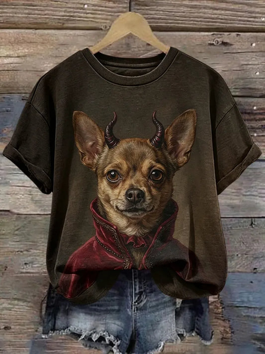 Women's Retro Halloween Funny Dog Pattern Casual T-shirt