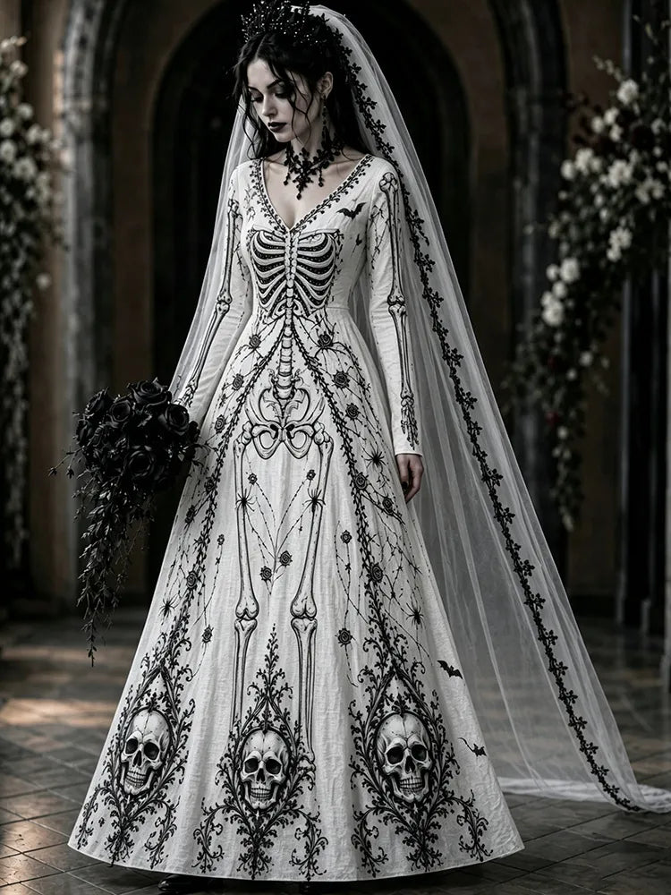 Women's Retro Halloween Gothic Skeleton Art V-neck Maxi Dress