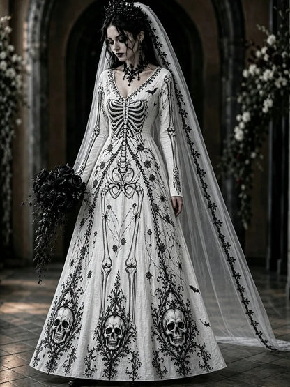 Women's Retro Halloween Gothic Skeleton Art V-neck Maxi Dress