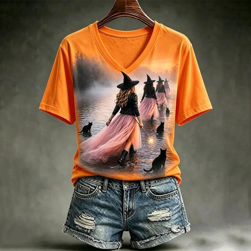 Women's Retro Halloween Cat Print Pattern Casual V-neck T-shirt
