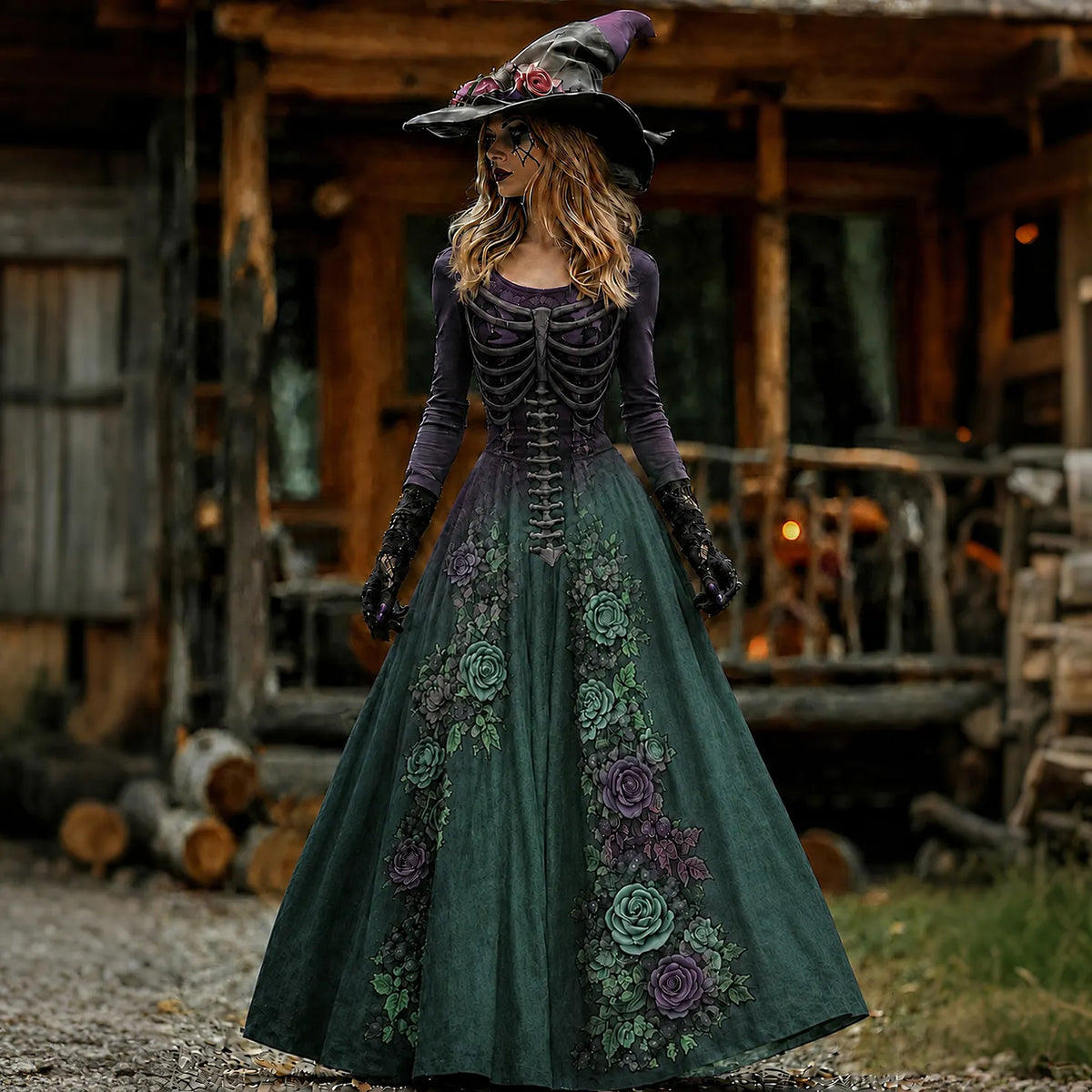 Vintage  Skull Rib Cage Rose Pattern Maxi Dress