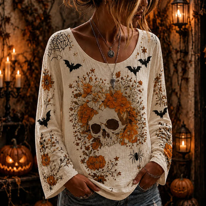 Women's Halloween Spooky Skull, Spiderweb & Pumpkin Long-sleeve Top
