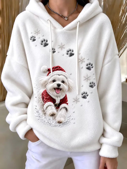 Women’s Cute Christmas Maltese Dog-Print Comfy Flannel Hoodie