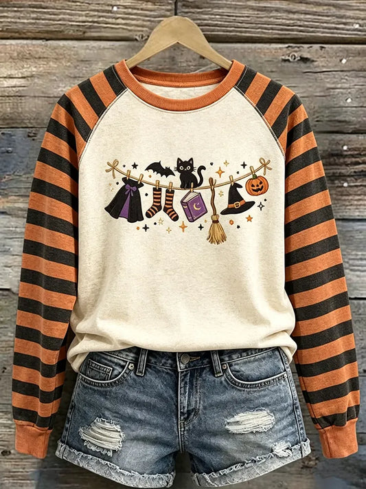 Halloween Retro Witch Striped Color Block Cat Print Crew Neck Sweatshirt