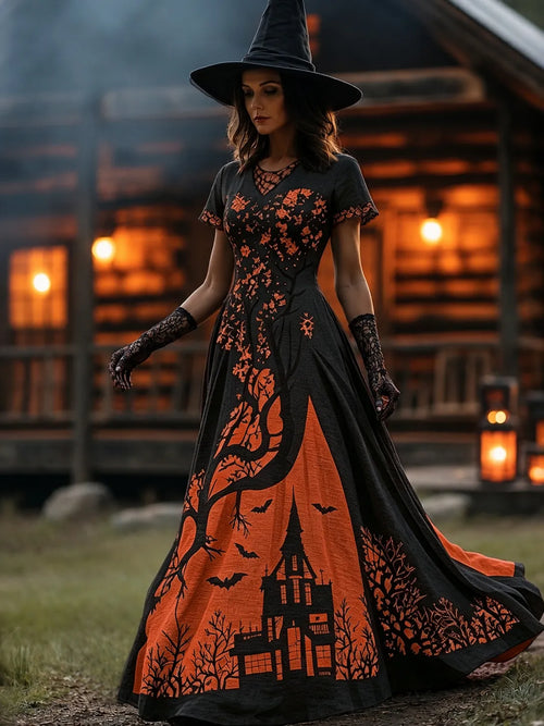 Women's Halloween Gradient Treehouse Design Witch V-neck Short Sleeves Maxi Dress