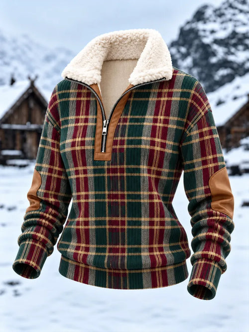 Women'S Christmas Plaid Art Plush Collar Top