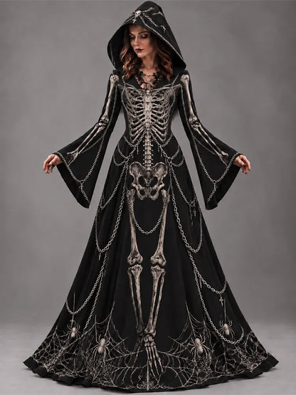 Women's Halloween Gothic Skeleton Metal Chain Design Long-sleeve Hooded Long Dress