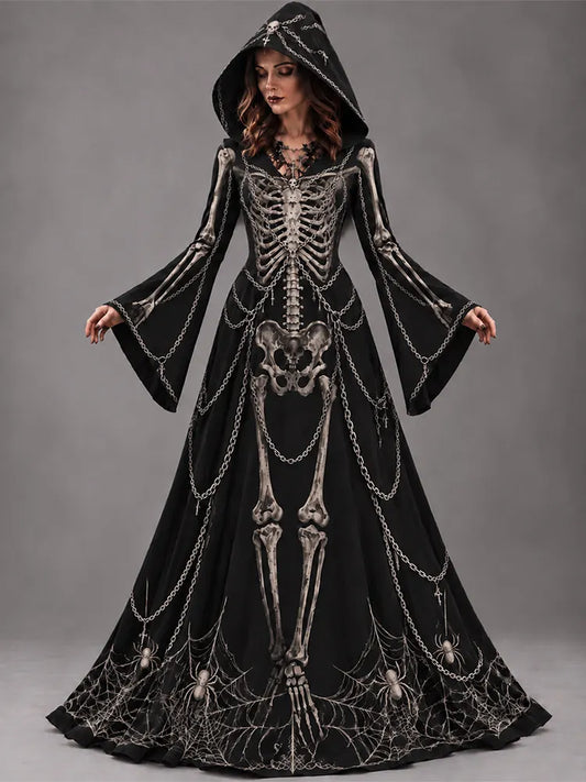 Women's Halloween Gothic Skeleton Metal Chain Design Long-sleeve Hooded Long Dress